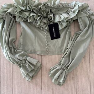 Pretty Little Things Ruffled Hem Green Off-Shoulder Top
